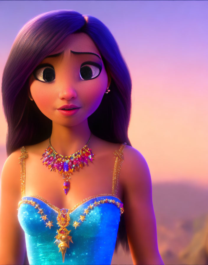Purple-haired female character with large eyes in jeweled blue dress against sunset.