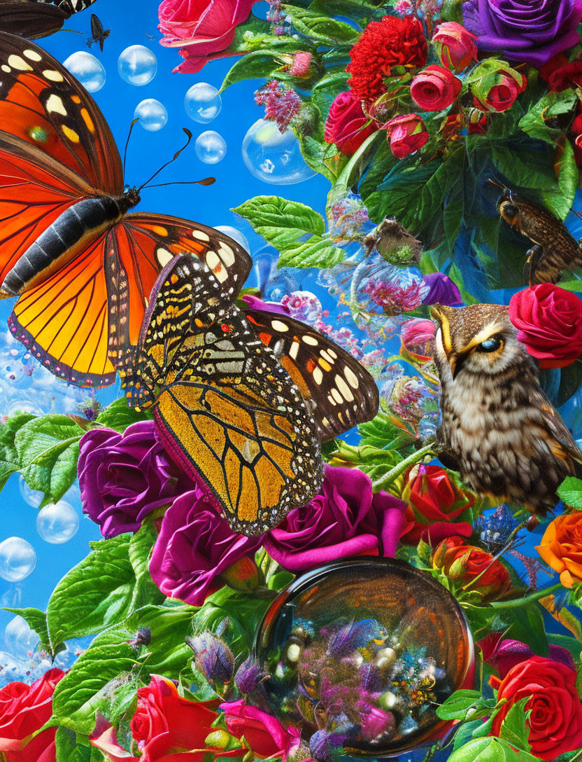 Colorful monarch butterfly, roses, bubbles, and owl in vibrant floral scene