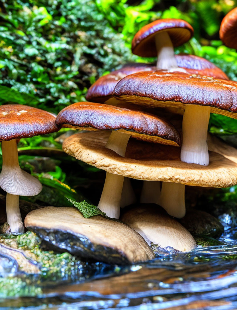 Brown Mushrooms with Glistening Caps in Mossy Streamside Cluster