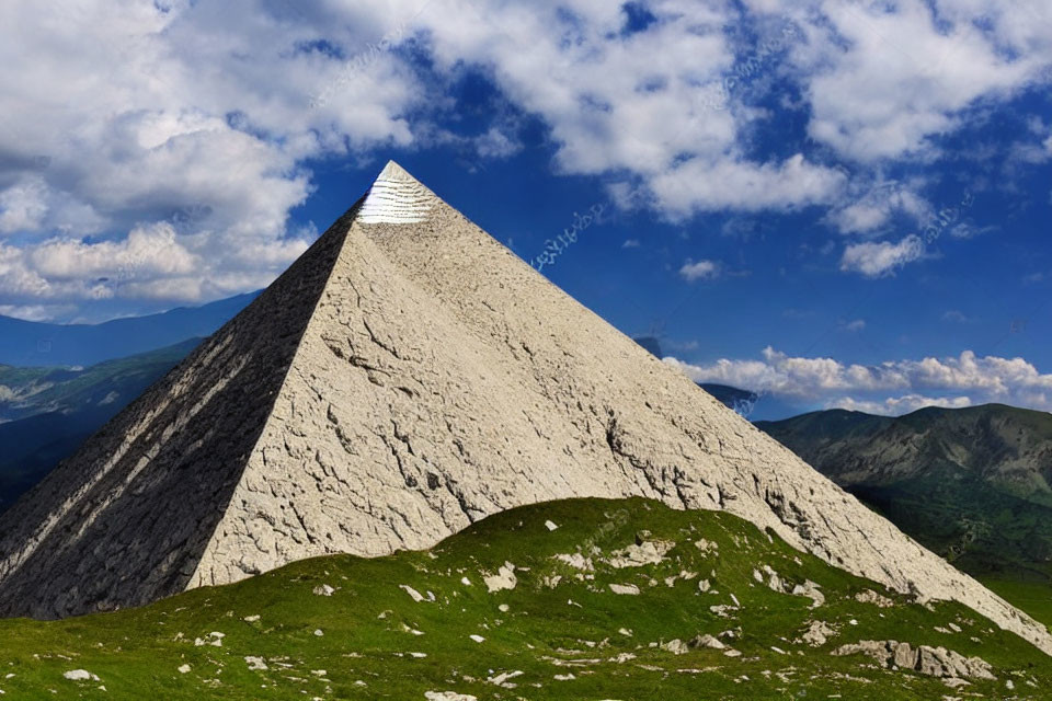 Pyramidal Structure in Green Mountain Landscape under Blue Sky