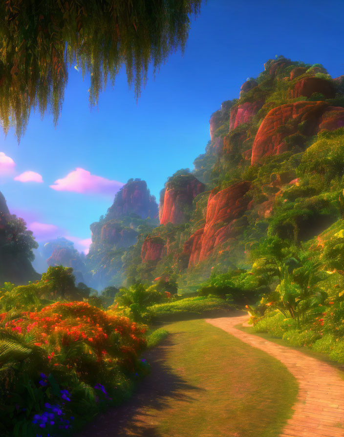 Scenic path with lush greenery, colorful flowers, and red cliffs under blue sky