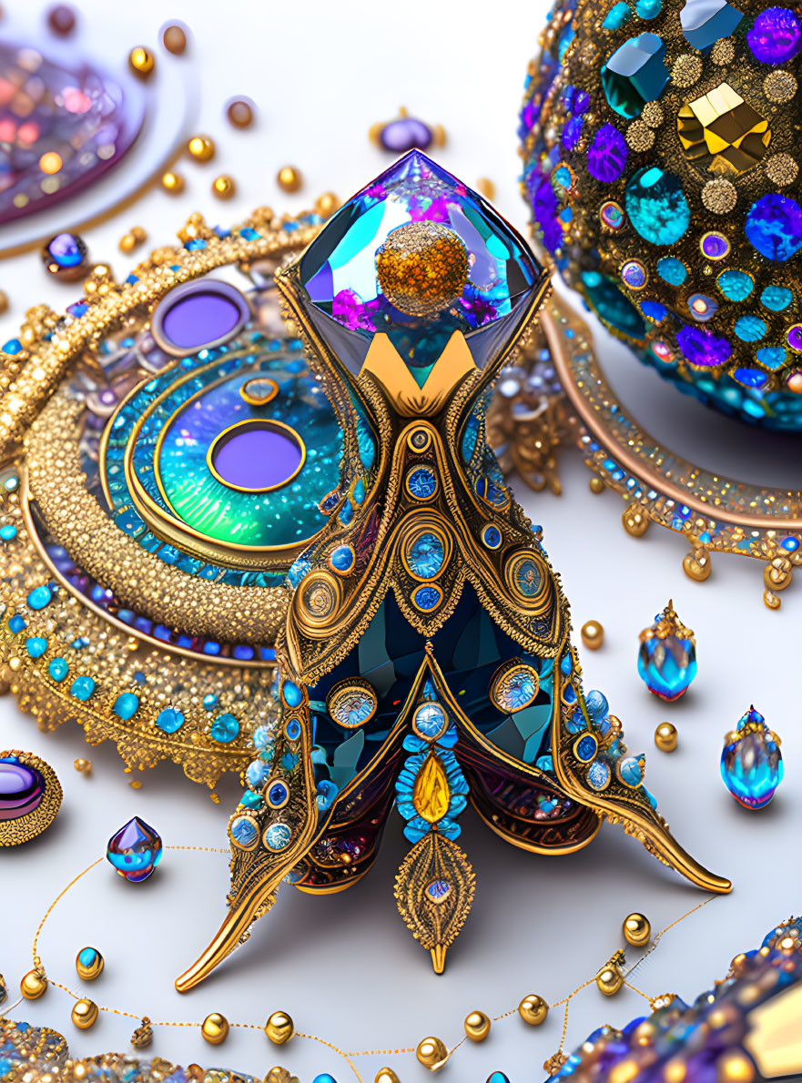 Colorful digital artwork with ornate jewel-encrusted objects in gold, blue, and purple