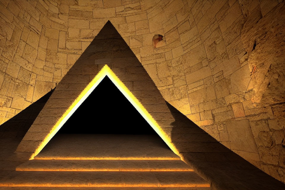 Pyramid interior with illuminated edges against stone wall with hieroglyphs