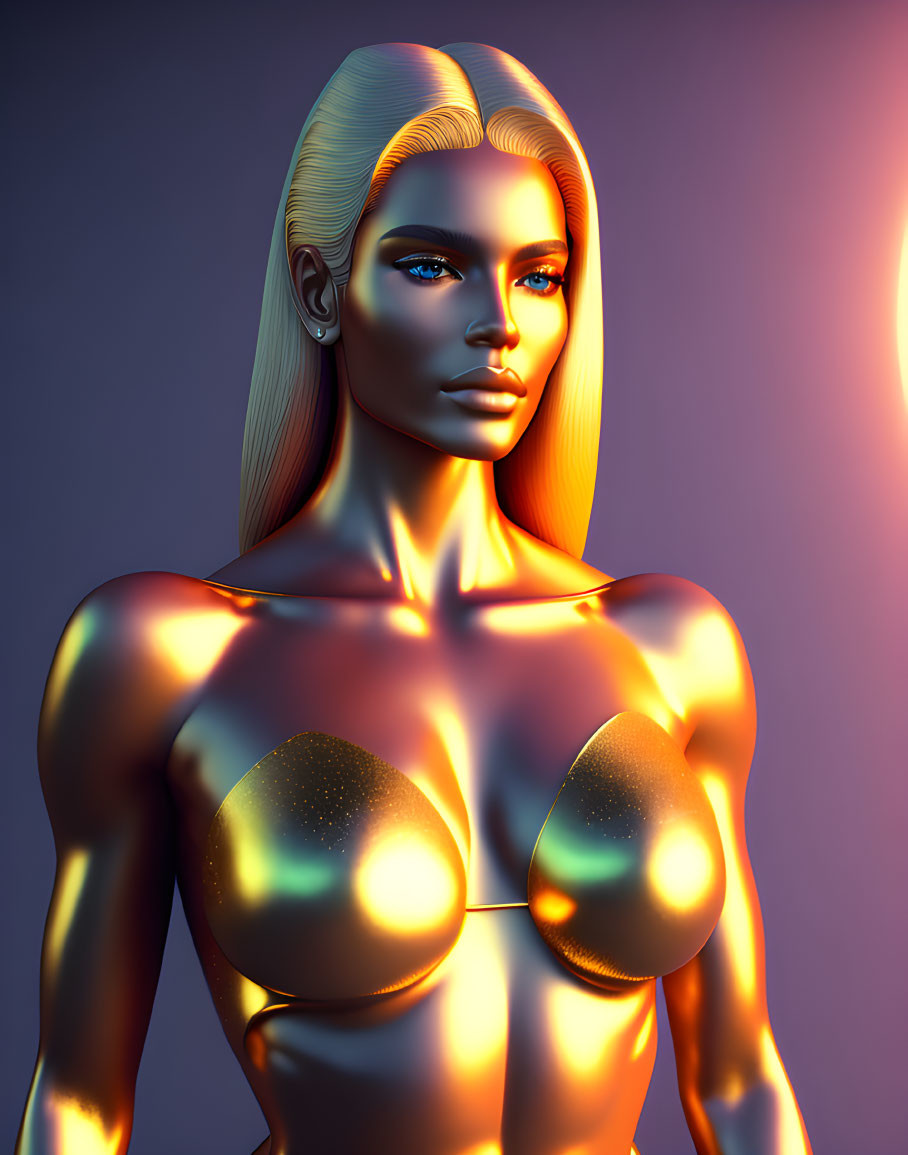 Stylized digital art: Golden-skinned female figure with blue eyes on purple backdrop