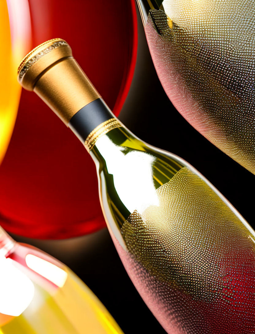 Textured glass wine bottles on red background with focused label and gold foil