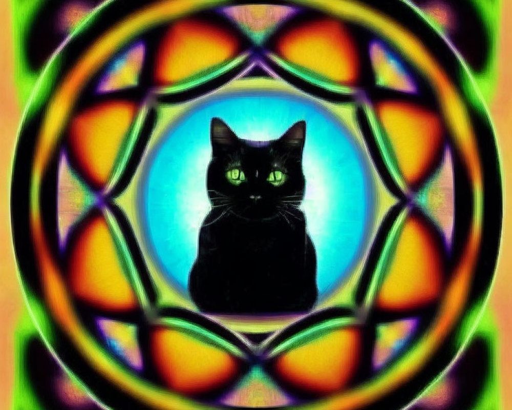Black cat in vibrant psychedelic kaleidoscopic mandala pattern