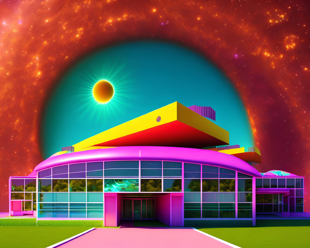 Vibrant surreal modern building under cosmic sky with pink and cyan hues.