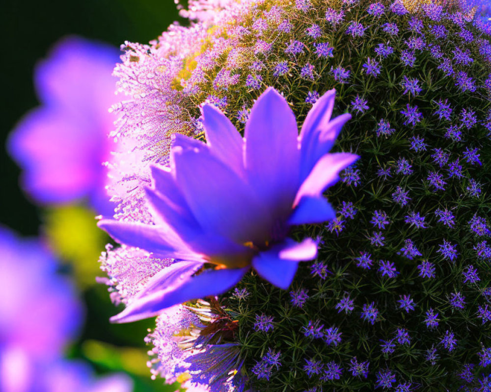 Purple Flower with Dew-Covered Blooms Backlit by Sunlight