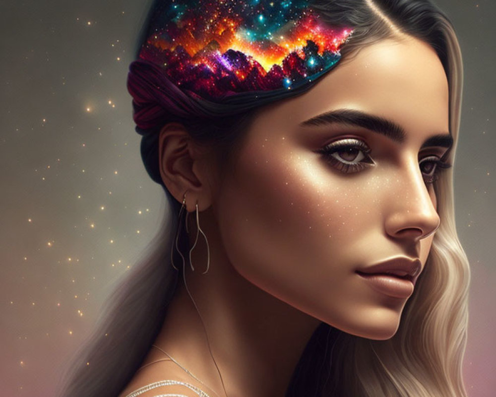 Cosmic galaxy themed digital artwork of a woman