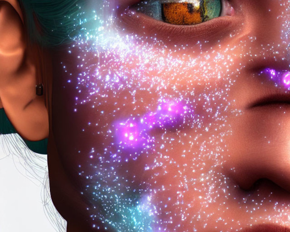 Person with Galaxy-Themed Makeup: Stars, Nebulas, Brown Eye, Teal Hair