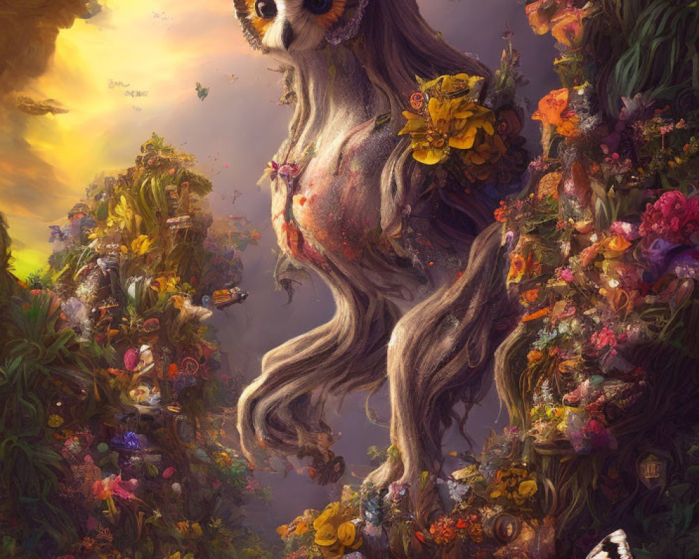 Owl-headed creature with human body, flowers, butterfly, and lush flora
