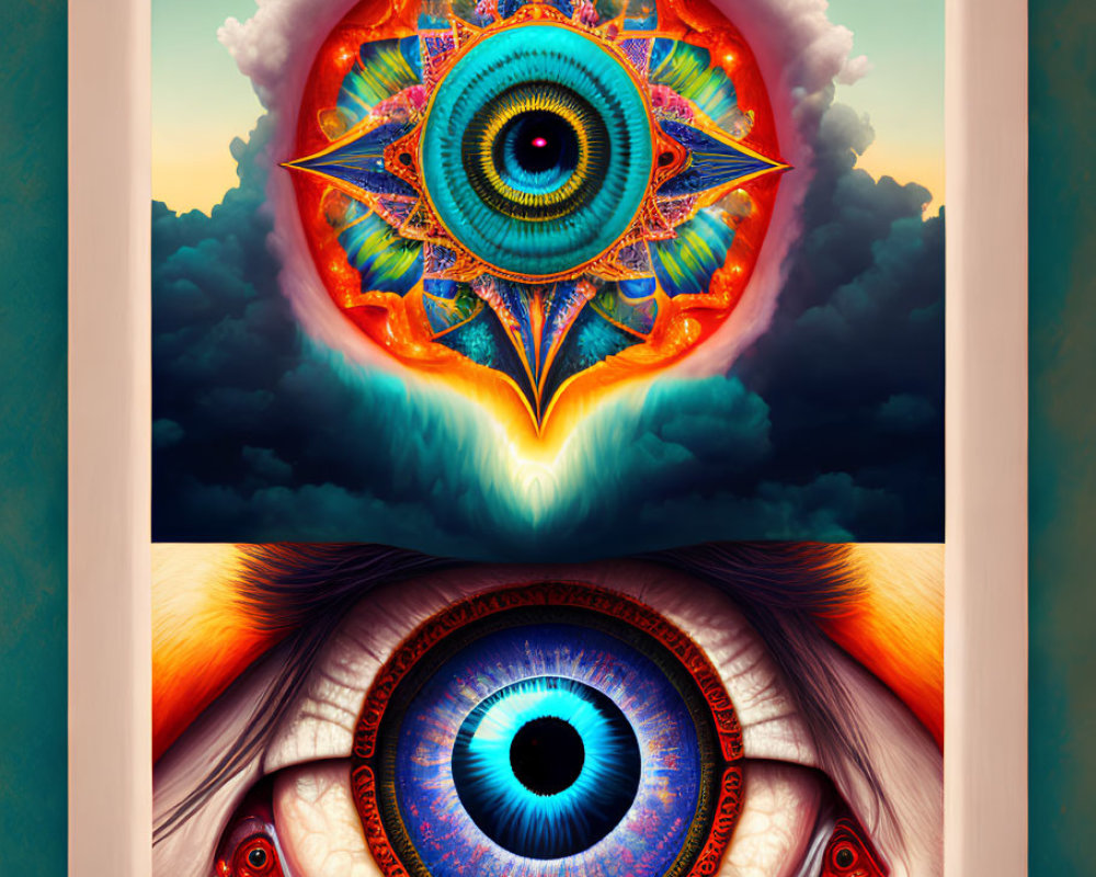 Surreal artwork with vibrant eyes in ornate patterns and abstract sky.
