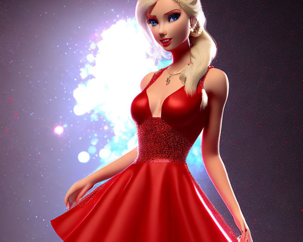 Blonde-Haired Female Character in Red Dress on Cosmic Background