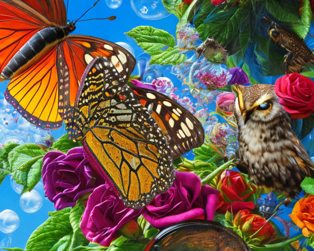Colorful monarch butterfly, roses, bubbles, and owl in vibrant floral scene