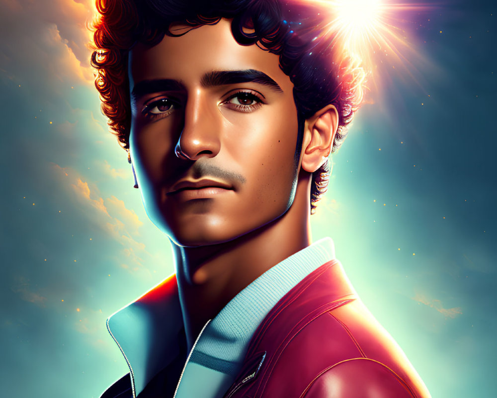 Digital portrait: Young man with curly hair in red jacket under twilight sky