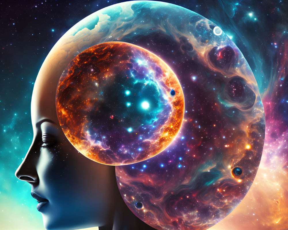 Surreal artwork: Woman's profile merges with cosmic backdrop