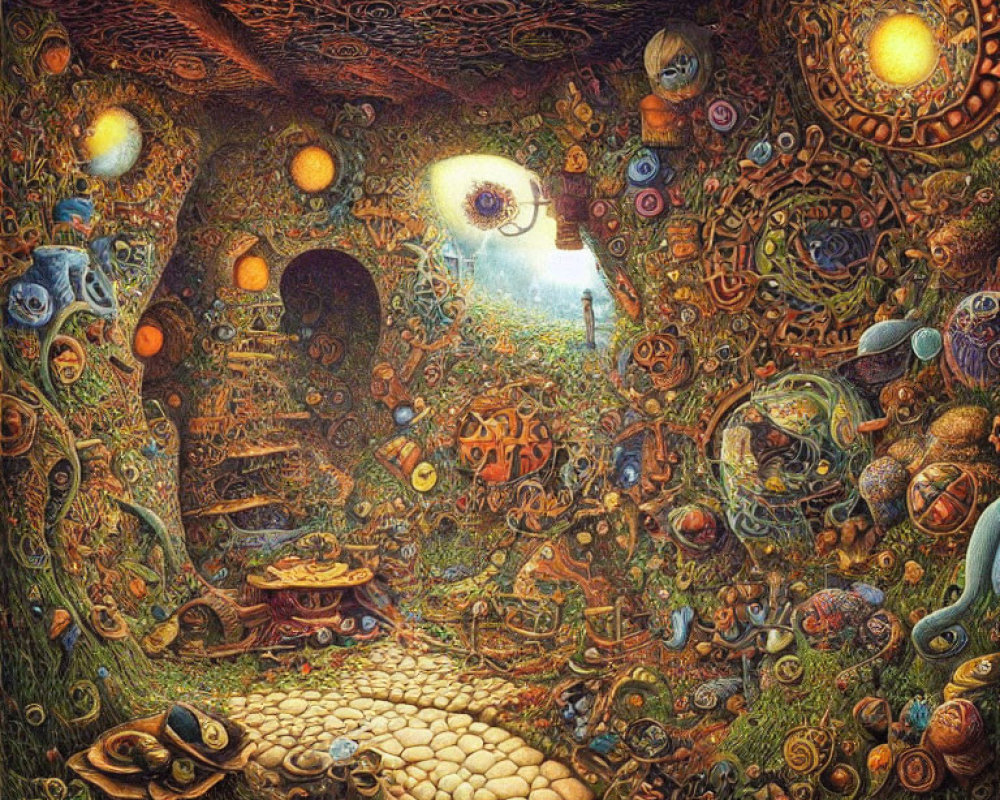 Vivid fantasy cavern with surreal patterns and glowing orbs