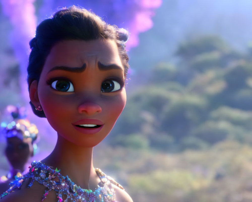 Brown-eyed Young Female Character in Sparkling Dress in 3D Animation