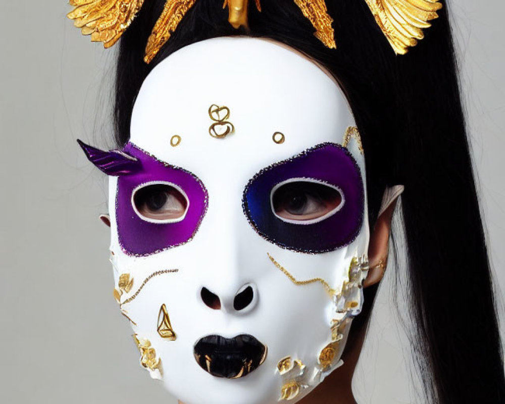 Dark-haired person in white mask with purple, gold, and wings
