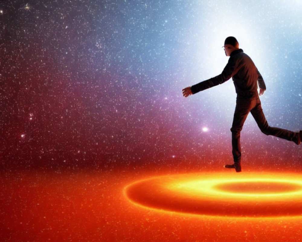 Person floating or jumping against cosmic background with stars and glowing galaxy spiral