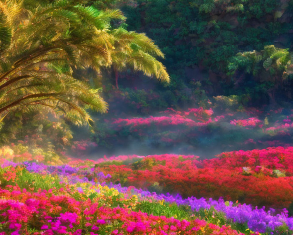 Colorful Flowers in Vibrant Garden Under Sunlit Sky