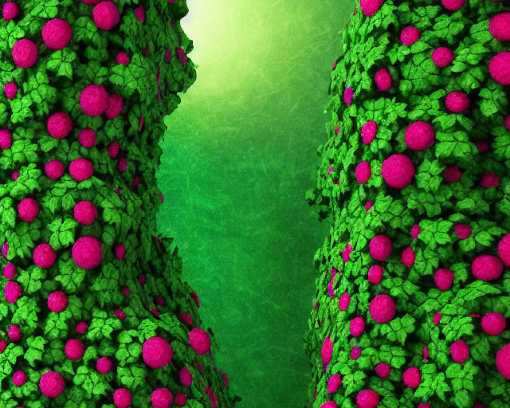 Colorful digital artwork featuring green mossy columns with pink spheres on green background