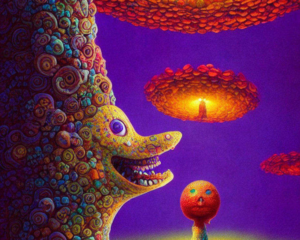 Colorful Psychedelic Artwork: Person with Orb Head and Whimsical Creature