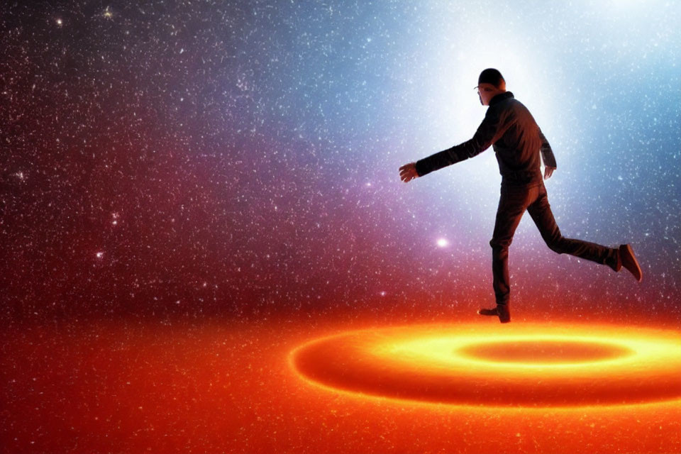 Person floating or jumping against cosmic background with stars and glowing galaxy spiral
