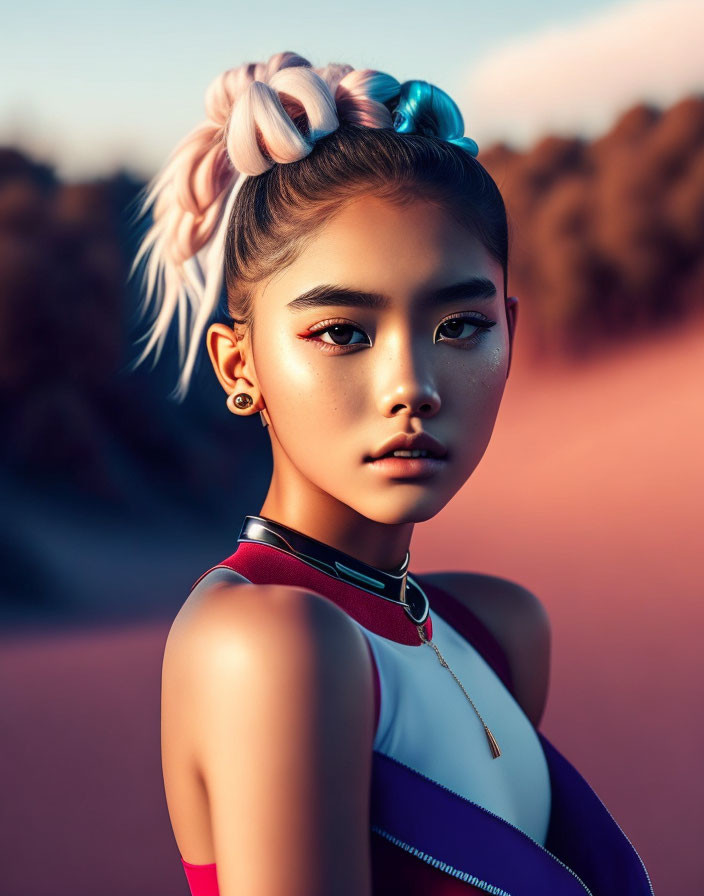 Edgy makeup and pastel hair bun on young woman with modern choker and bodysuit against