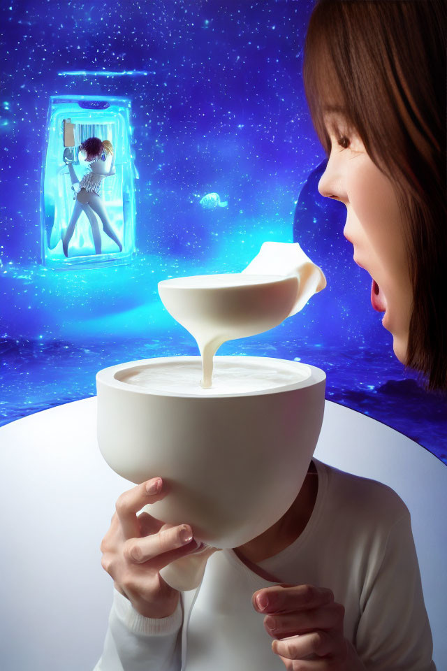 Surprised woman gazes at floating bowl with galaxy backdrop and frozen person.