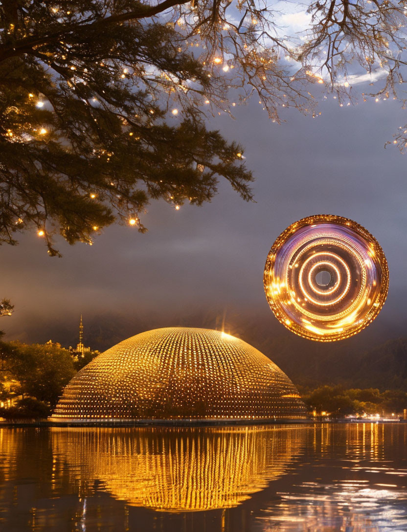 Illuminated spherical structure and swirling light installation reflecting on tranquil water at twilight
