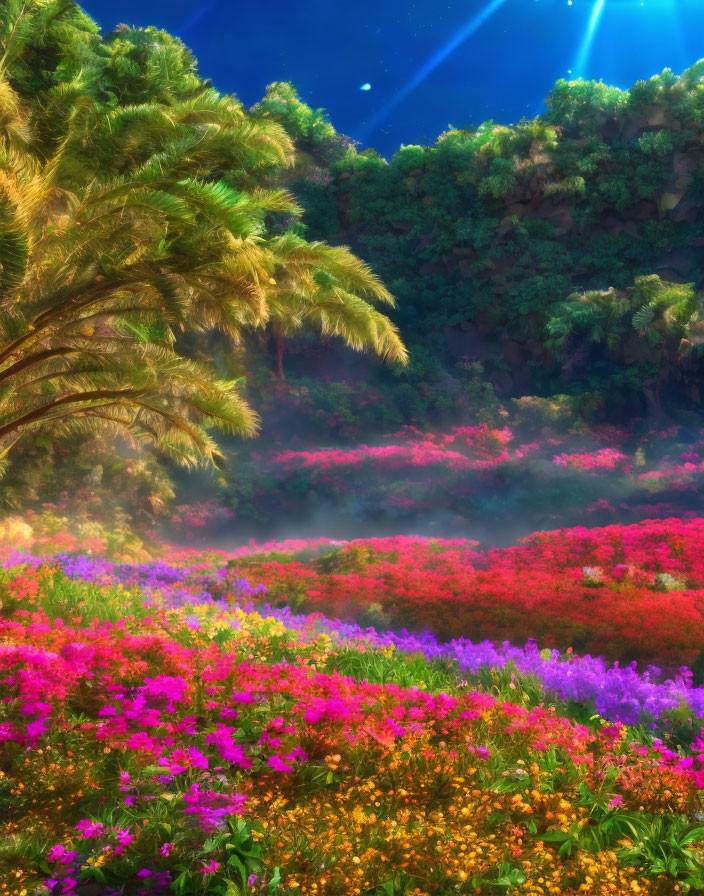 Colorful Flowers in Vibrant Garden Under Sunlit Sky