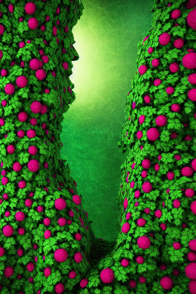 Colorful digital artwork featuring green mossy columns with pink spheres on green background