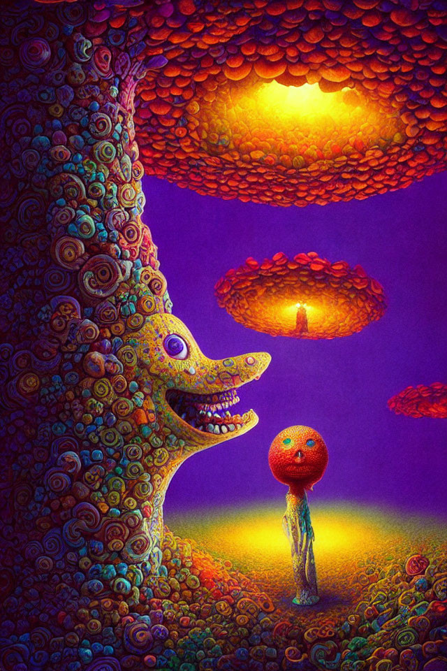 Colorful Psychedelic Artwork: Person with Orb Head and Whimsical Creature