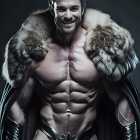 Fantasy warrior in fur cloak and leather gauntlets on dark background