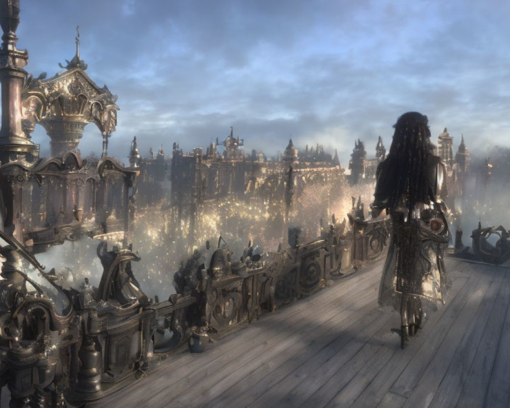 Long-haired person on foggy bridge gazes at fantasy city at dusk