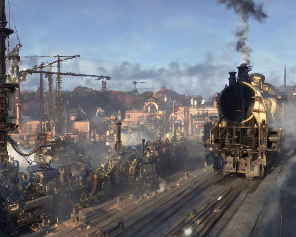 Steampunk train station with locomotive and industrial machinery under hazy sky