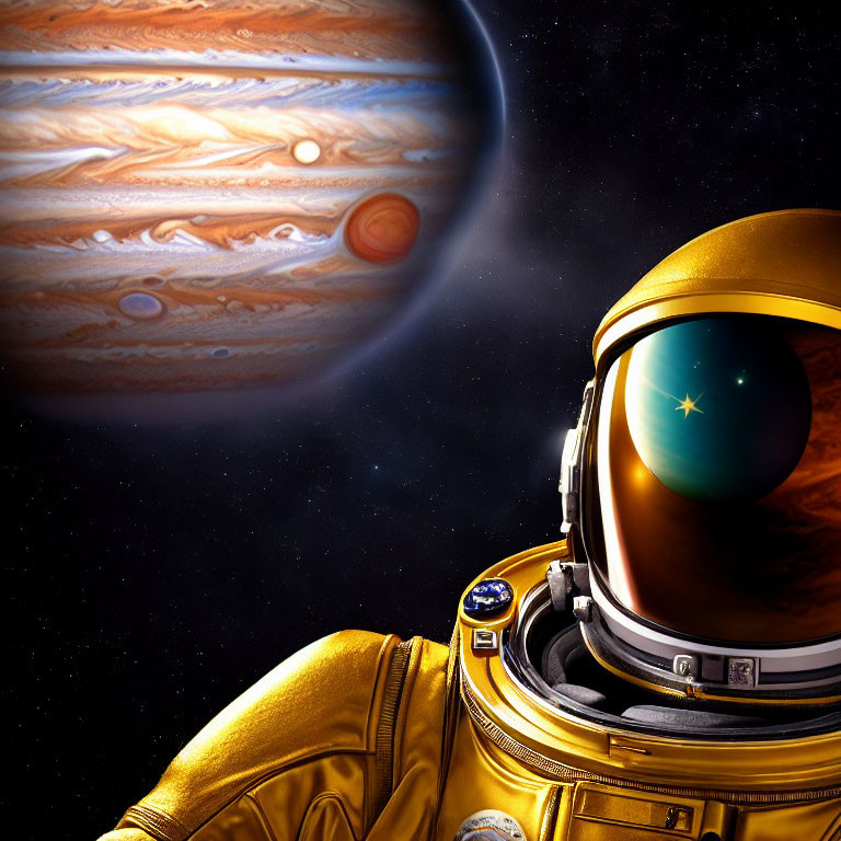 Golden spacesuit astronaut against Jupiter backdrop in space