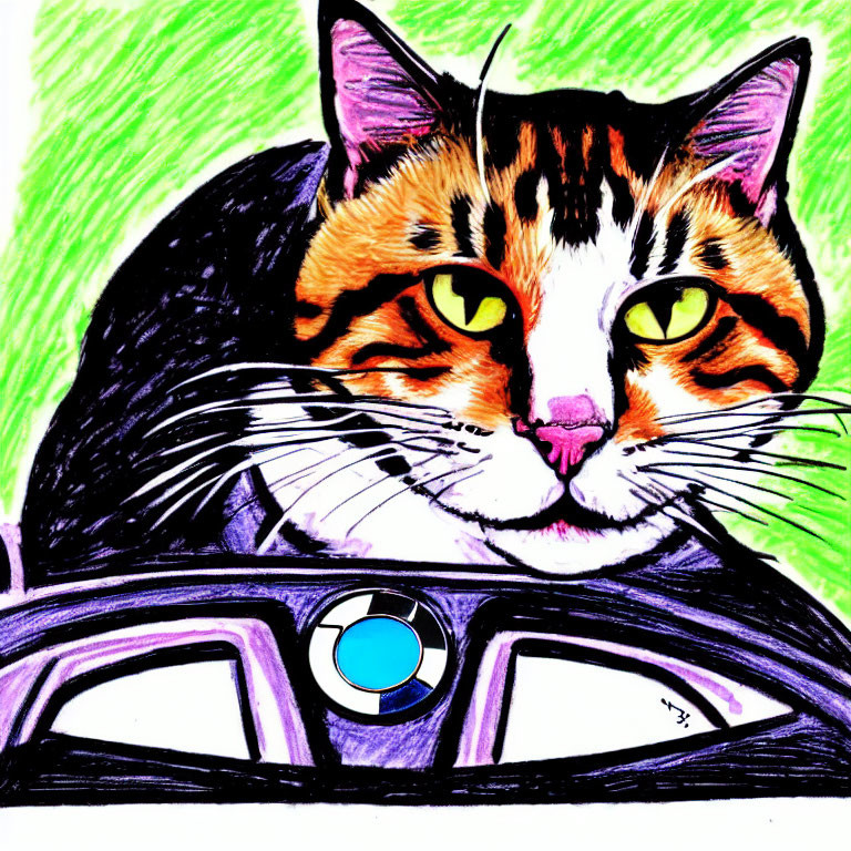 Colorful Drawing of Calico Cat with Yellow Eyes Resting on Car Steering Wheel