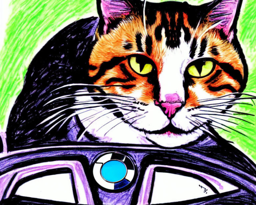 Colorful Drawing of Calico Cat with Yellow Eyes Resting on Car Steering Wheel