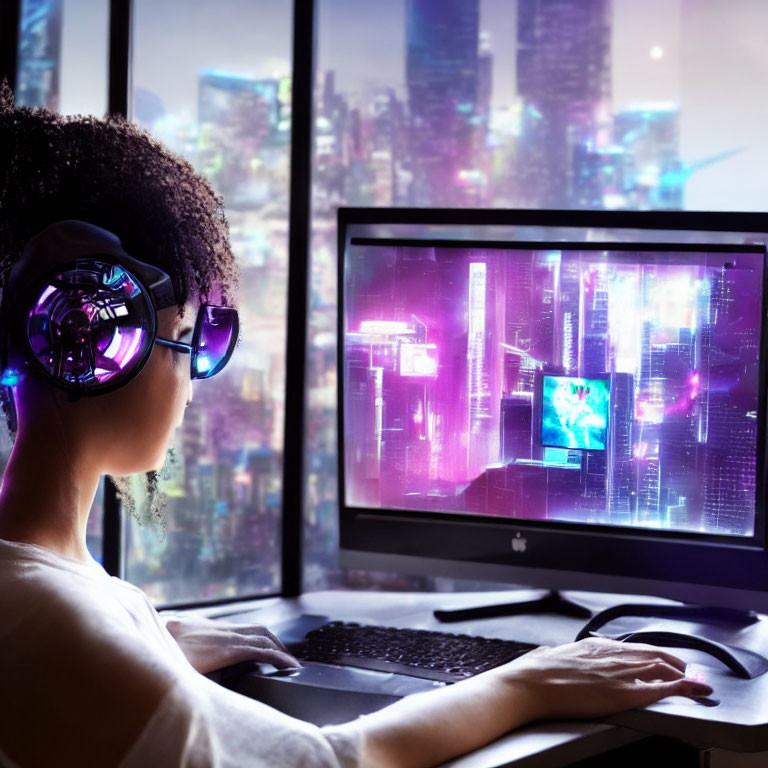 Person wearing headphones looks at futuristic graphics on computer screen with neon-lit cityscape.
