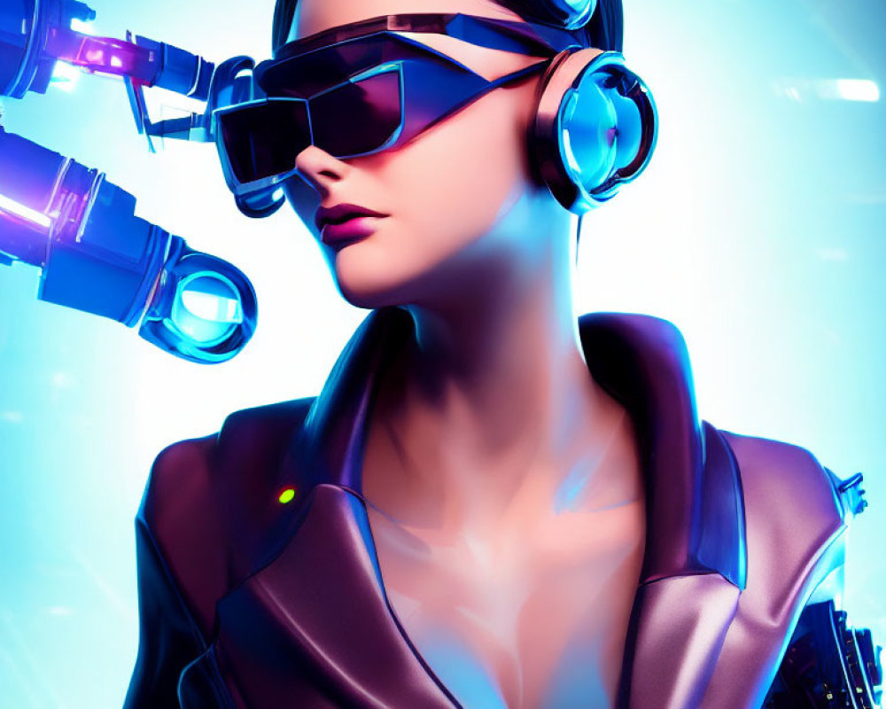 Futuristic woman in VR goggles and headphones on neon blue backdrop