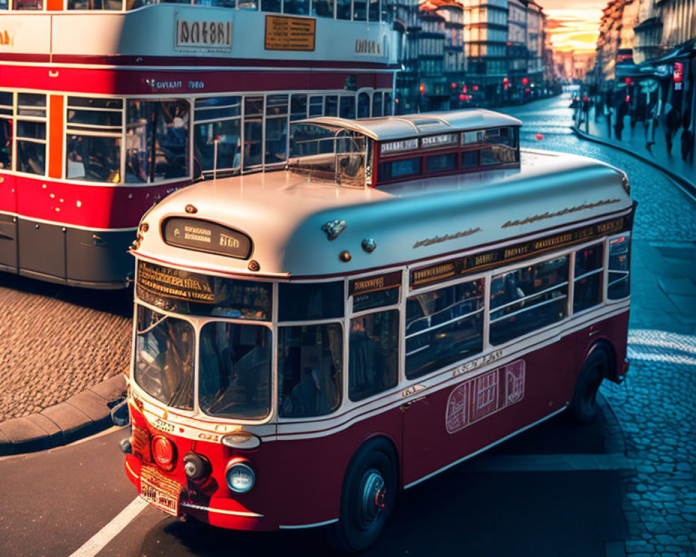 Vintage bus and modern trams under sunset on city street.