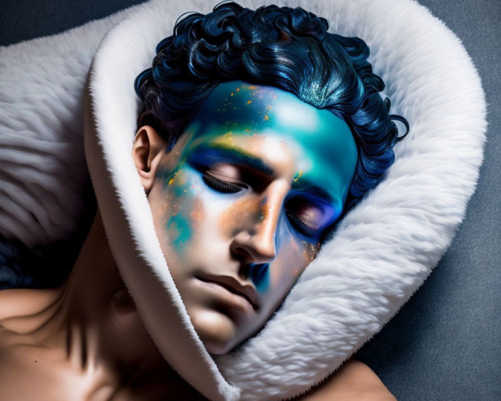 Vibrant Blue and Green Cosmic Makeup with Plush White Collar on Gray Background