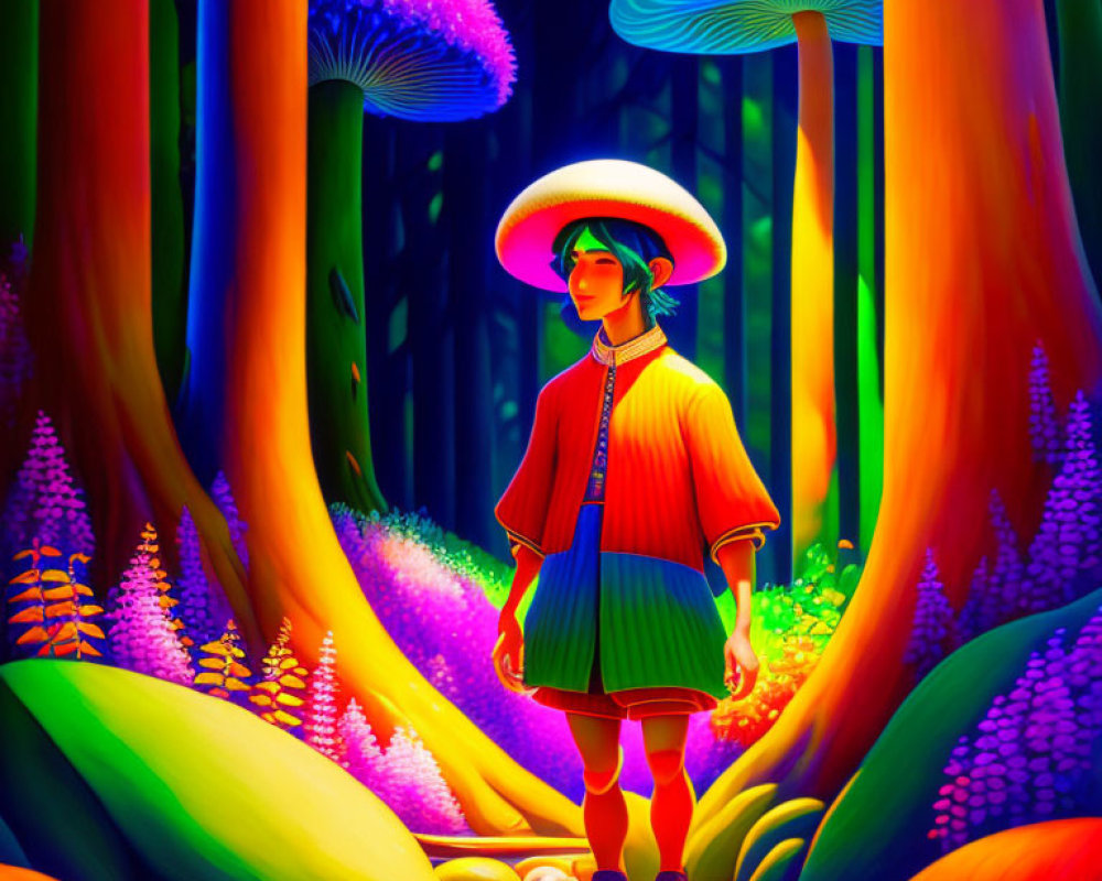 Person in Traditional Outfit in Otherworldly Forest with Giant Glowing Mushrooms