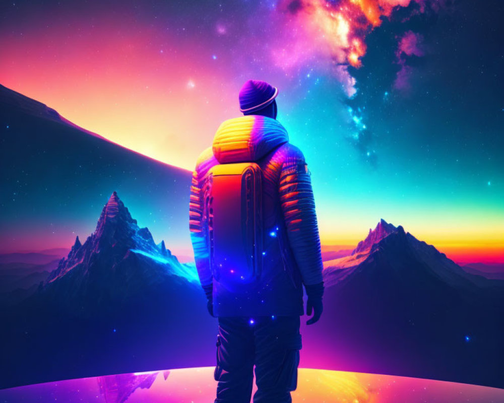 Person in Winter Jacket and Beanie in Front of Cosmic Landscape