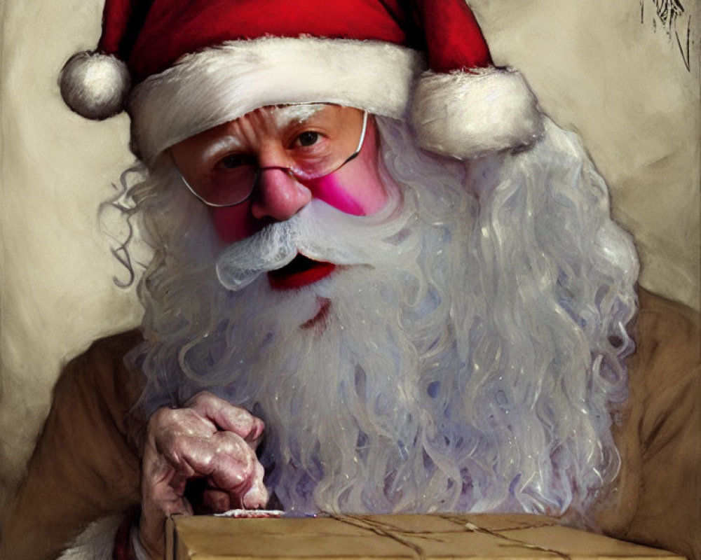 Illustration of Santa Claus with red hat and white beard holding a brown package