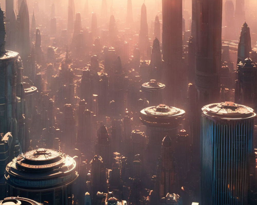 Futuristic cityscape with towering skyscrapers and circular buildings