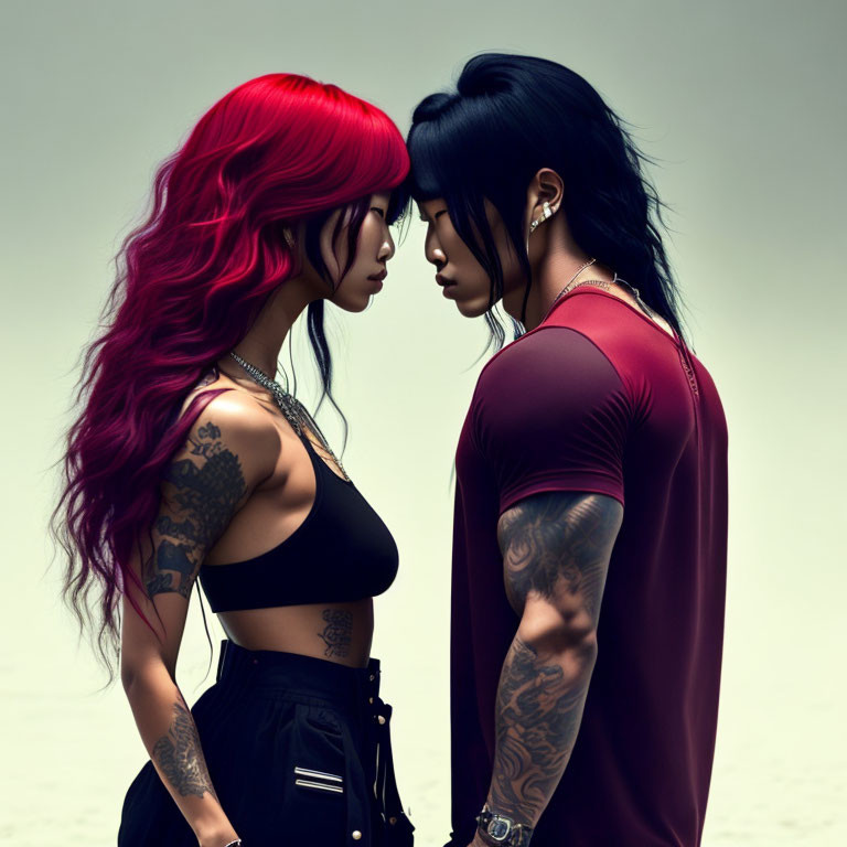 Vibrant red and black hair individuals with tattoos facing each other