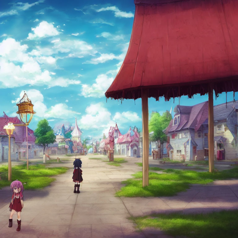 Anime characters in quaint village with cobblestone streets